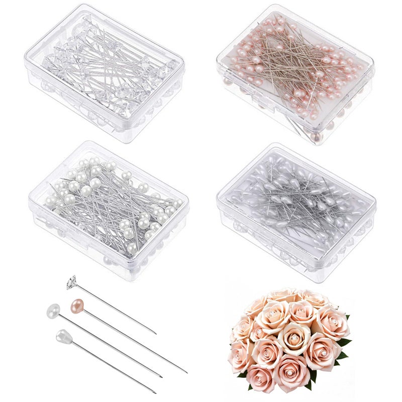 Pimoys 400 Pcs Bouquet Pins Flower Pin, 4 Styles Boutonniere Pins Pearl Crystal Head Corsage Pin for Dressmaking Jewelry Flower Decoration - Image 1